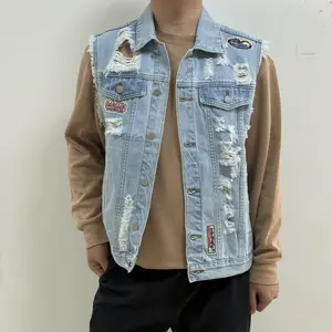 Bindefon Ripped Denim Vest for Men Sleeveless Casual Streetwear Button-Down Distressed Jean Jacket with Pockets Breathable Blend All-Season Wear