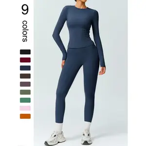 Women's Solid Color Long Sleeve Tee & High Waist Leggings Workout Set, Sporty Comfy Breathable Outfits for Gym Running, Ladies Fall & Winter Sportswear