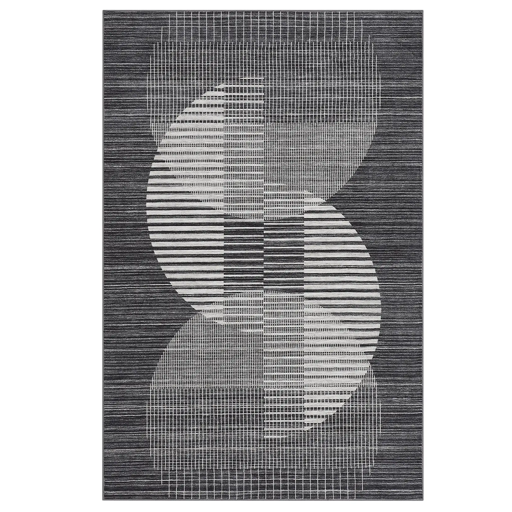 5x7 ft Polyester Rectangular Modern Geometric Semi-Circle Patterned Curvilinear Area Rug, Black Slip-Proof Machine-Washable Soft Carpet for Living Room, Bedroom, Curvilinear Area Rugs, Patterned Area Rugs