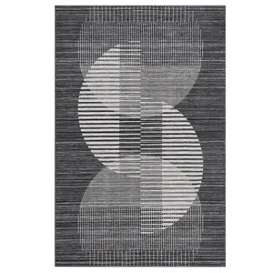 8 x 10 ft Low Pile Polyester Fiber Rectangular Curvilinear Area Rug, Modern Art Geometric Semi-Circle Print, High-Traffic, Machine Washable for Living Room, Bedroom, Curvilinear Area Rugs