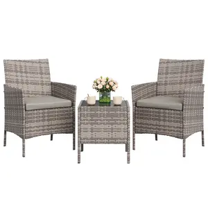 3-Piece Outdoor Patio Furniture Set, Rattan Wicker Chairs with Table - All-Weather Garden Conversation Set for Porch, Deck or Backyard,Tempered Glass，Non-Slip Silicone Holds Up to 150kg