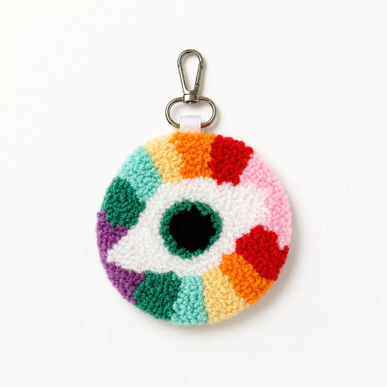 Handmade Crocheted Yarn Keychain Charm, Artisanal Handcrafted Eye Motif Collectible Fashion Accessory