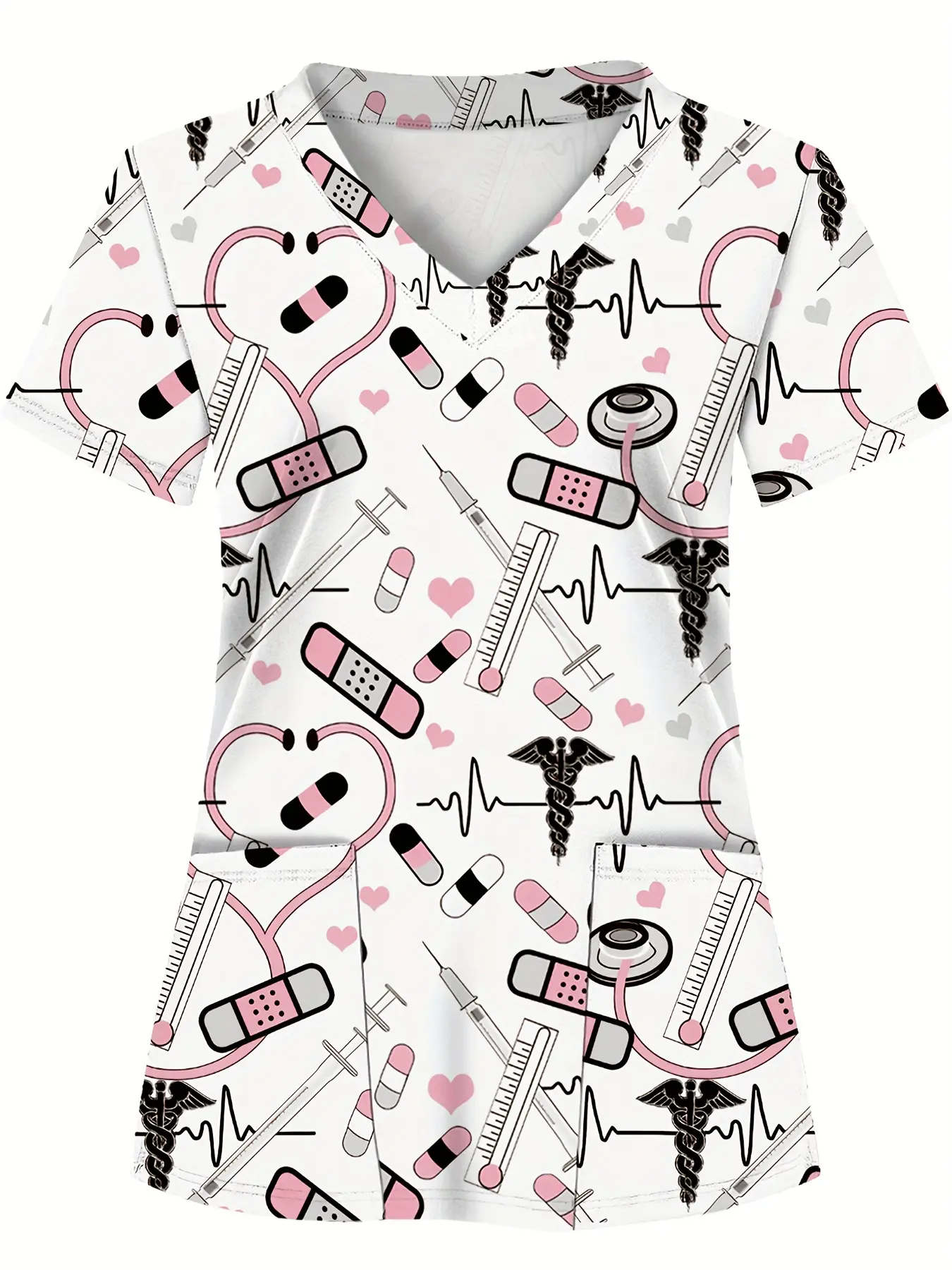 Full-body Print, White Base, Two Pockets, Women's Scrub Top, Doctor's Scrub Top for Women, Nurse Work Top, Women's Nursing Scrubs, Dental and Beauty Clinic, Healthcare Uniform Top, Short-sleeve Nurse Uniform, Fabric with Pockets, Suitable for All