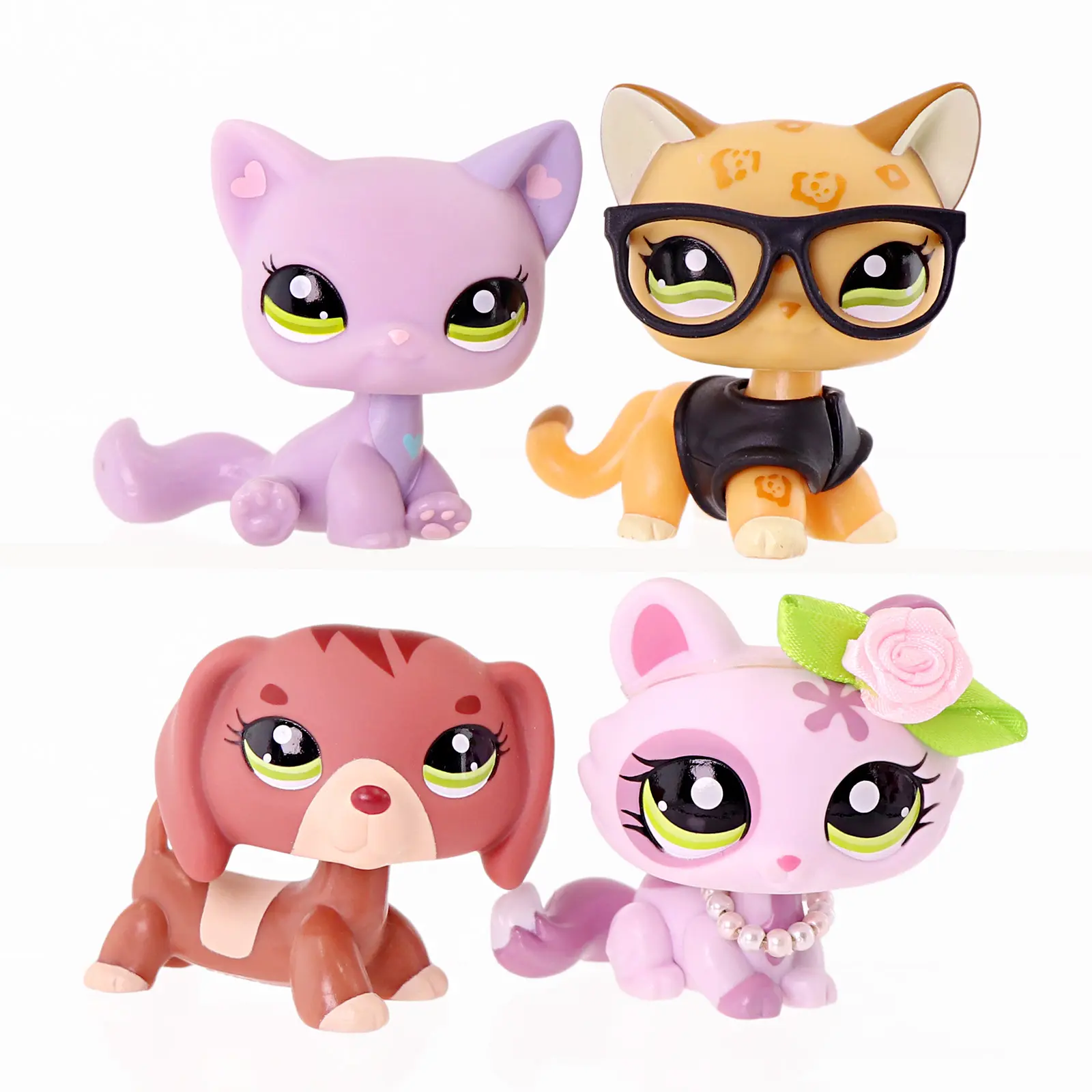 4 pcs Mini Cartoon Pet Figures, 3 Cats & 1 Dachshund Puppy Collectible Figurines with Detachable Fashion Outfit Accessories, Small Animal Playset Toys for Kids, Cake Topper, Dollhouse Decor & Holiday Gift