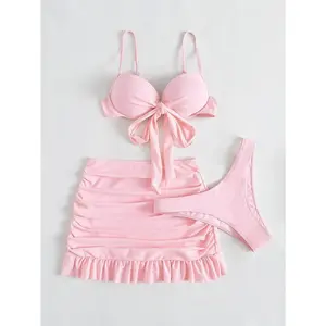 Swim Summer Beach Bikini Set Knot Front Push Up Bra & High Cut Bottom & Ruched Beach Skirt 3 Piece Bathing Suit
