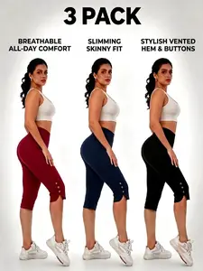 Women’s summer capri leggings, 3-pack, solid color, high-waisted, tight fit — fitness/running training pants; women’s bottoms, solid color athletic leggings, outdoor fun summerwins