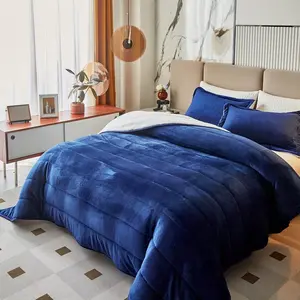3-Layer Luxury Flannel Fleece Thick Bed Blanket Full Queen Size, Soft Plush Velvet Blanket with 2 Pillow Shams Warm for Winter, Breathable n Washable, Navy Blue