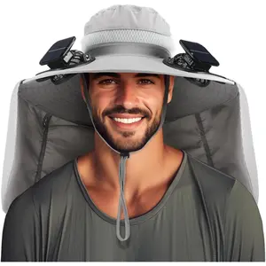 Solar Fan Hat with 2 Fans Wide Brim Outdoor Solar  USB  Fishing Hat with  Flap for Men Women