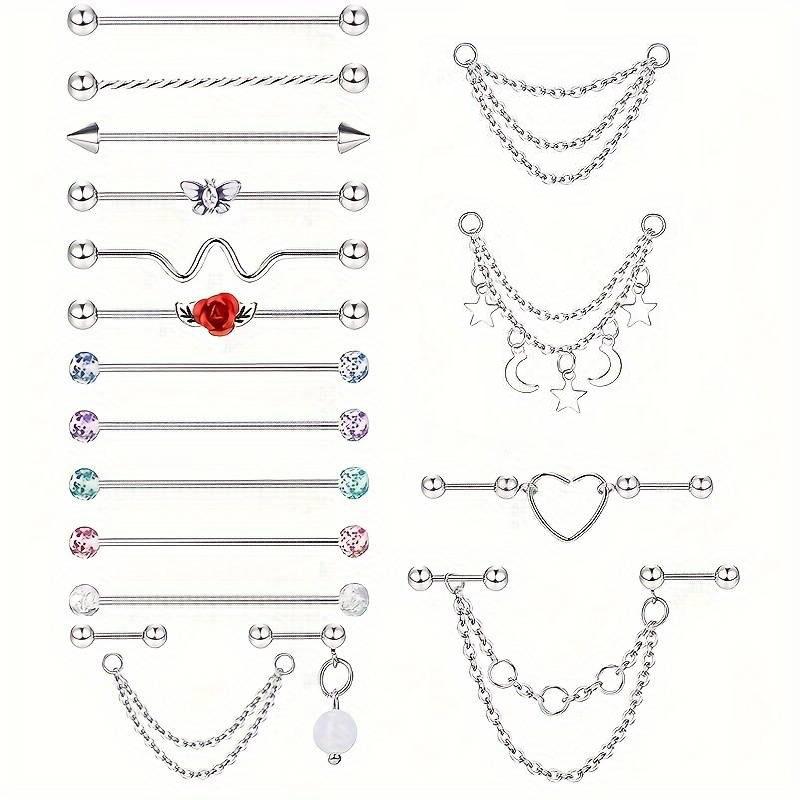 19pcs Industrial Barbell Piercing Jewelry, Stainless Steel Industrial Earrings for Men, Chain Dangle Cartilage Helix Piercing Jewelry