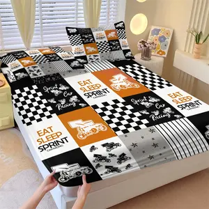 3Pcs Sprint Car Racing Fitted Sheet Set, No Fillers Bedding Set, Cool Checkered Flag Bed Sheet with Pillowcases, Deep Pocket Race Car Print for Teens Adults Bedroom Decor, Perfect Gift for Racing Fans