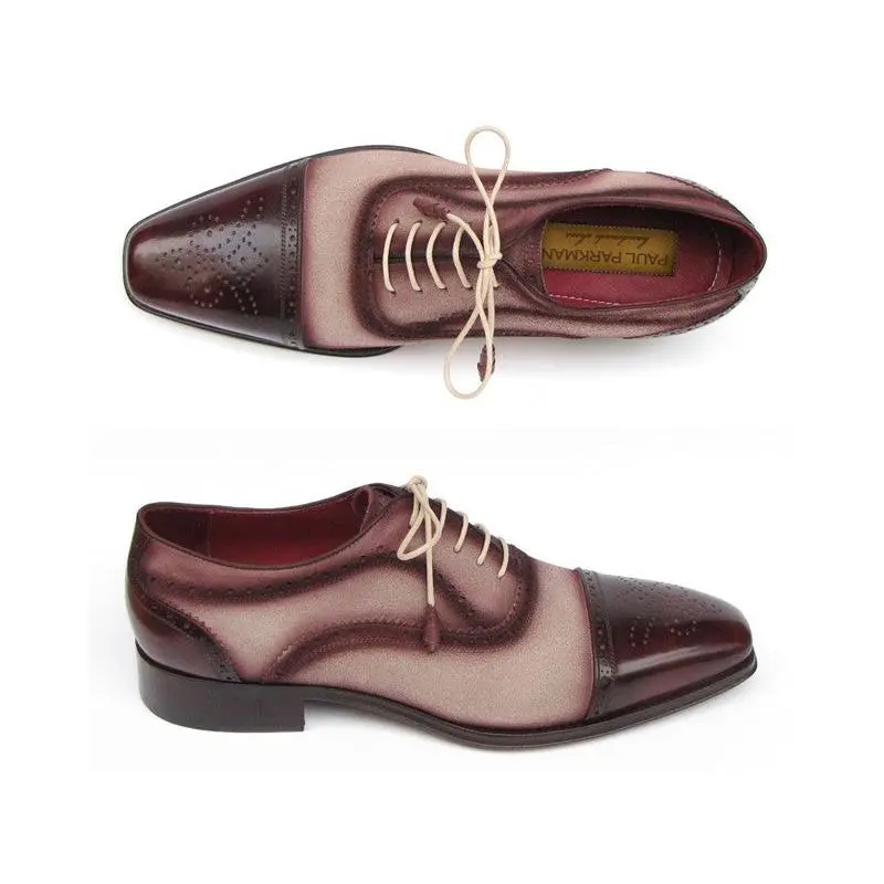 Paul Parkman Captoe Oxfords- Bordeaux/Beige Hand-Painted Suede Upper And Leather Sole