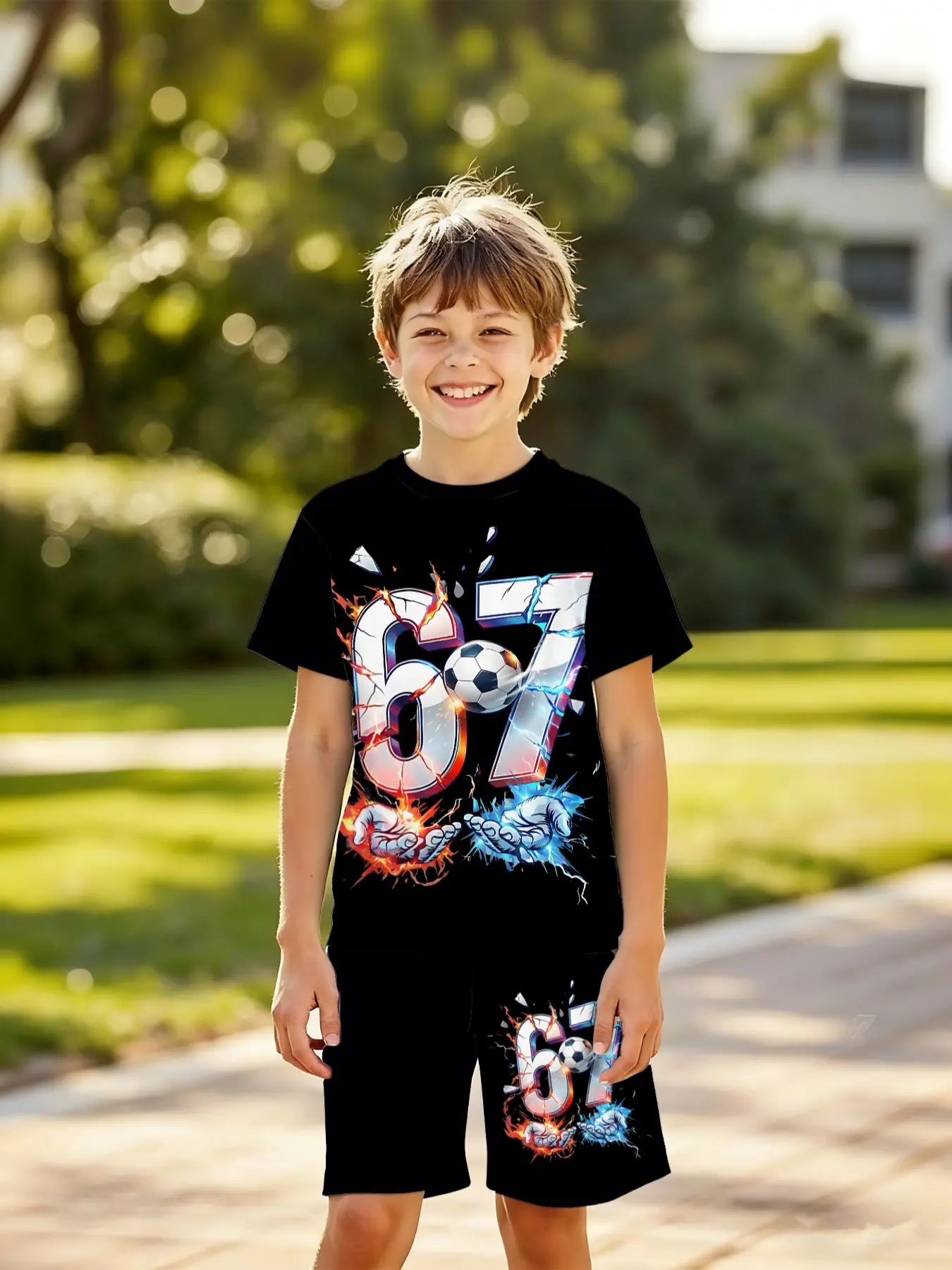 Boys' Fashion Outdoor Sports Summer Electric Football Number Print Short Sleeve Shorts Set, Casual Fitted Two-Piece, Clothing Set, Outfit Sets，sixseven print