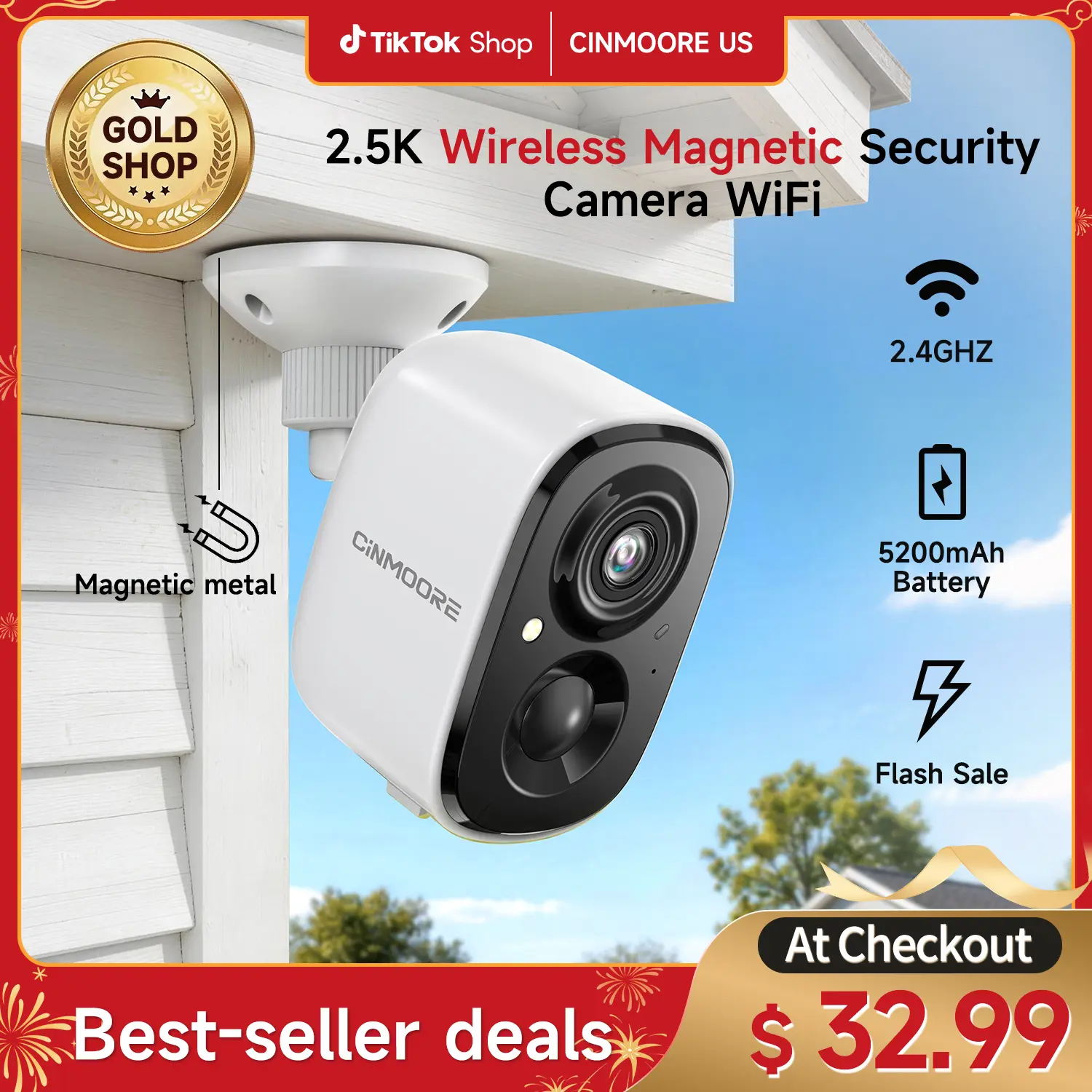 【Fall Deals】CINMOORE Outdoor/Indoor Magnetic wireless Camera 2.5K free install Smart Garage 2.4G wifi Security Camera – HD Video, Night Vision, Motion Detection, Magnetic, Wi-Fi, Two-Way Audio, Smartphone Control Lens