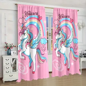 2 Pieces, Bedroom Living Room Unicorn Curtains Cute Watercolor Animal Blue Curtains, Semi-Transparent Curtains for Privacy Protection in Bedroom and Living Room