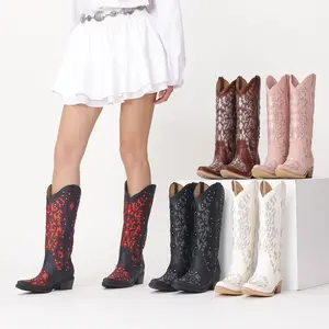 Women’s White Cowgirl Boots – Knee High Western Cowboy Boots with Silver Rhinestone Embroidery, Pointed Toe, Chunky Block Heel, Faux Leather Pull-On Style – Retro Glitter Fashion Boots for Party, Wedding, Rodeo & Country Concert Outfits