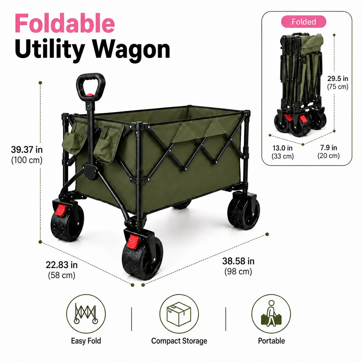 250L XL Collapsible Foldable Wagon Cart - Heavy-Duty Utility Trolley with 10-Inch Wheels, Dual Brakes, Adjustable Handle - Portable Pull Cart for Camping, Grocery, Travel, Wagon Cart Foldable
