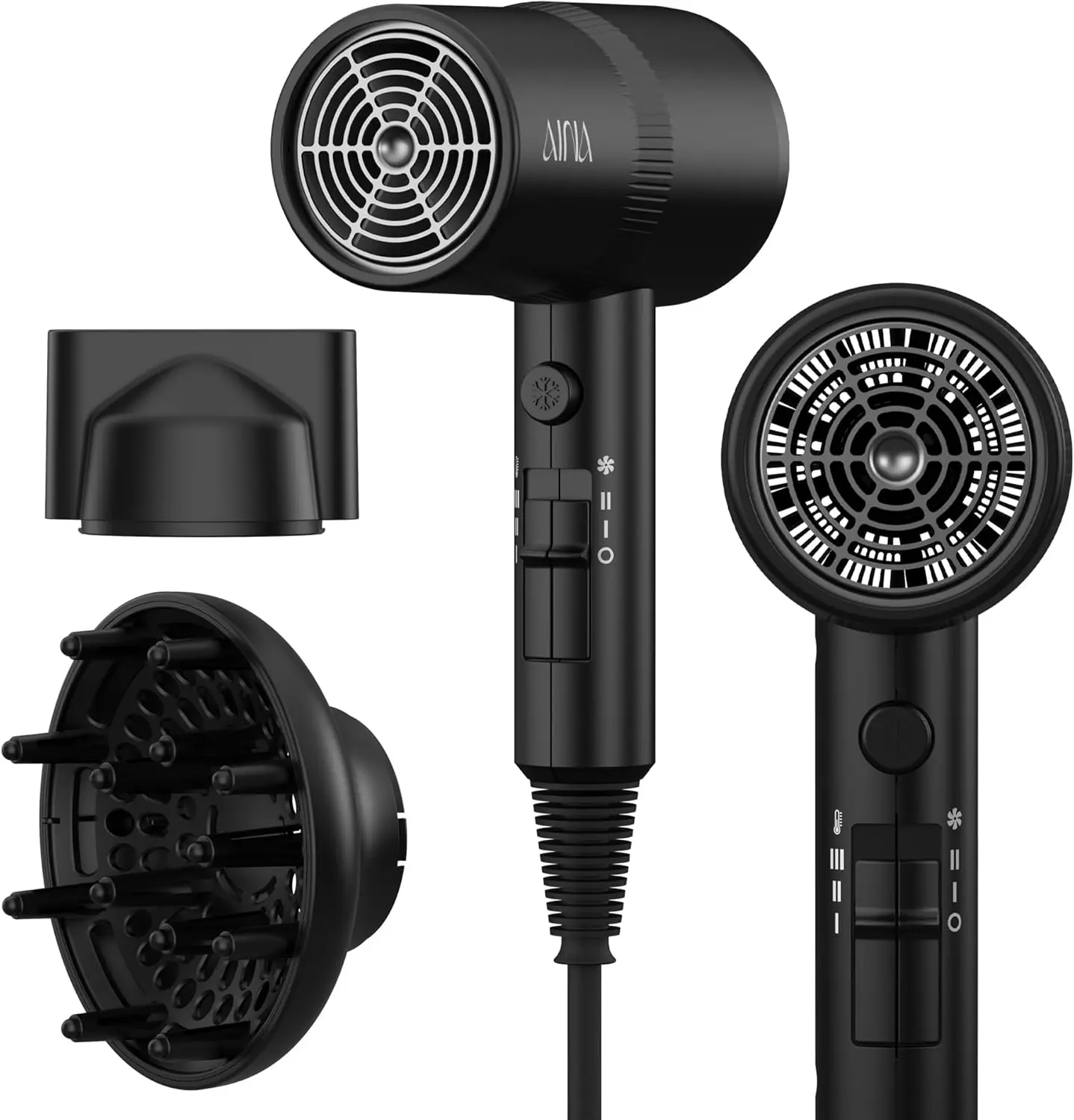 110V 1600W Full-Featured Diffuser Hair Dryer (Vader Black) - 3 Heat Settings, 2 Speed Levels, Cold Shut Button, Lightweight, Compact, High Temperature, Low Airflow, Cost-Effective Results