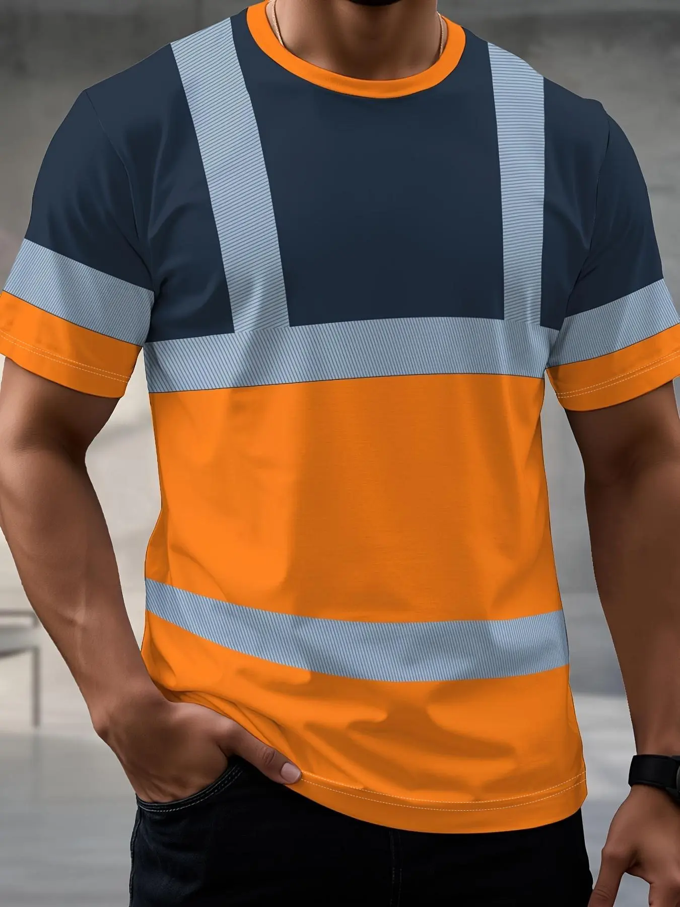 Men's Striped Pattern Short Sleeve T-Shirt, Colorblock Safety Workwear, Breathable and Durable, Ideal for Construction Gear and Outdoor Activities