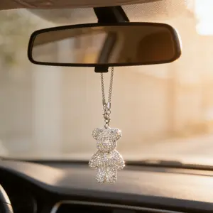 Full Rhinestone Bear Car Pendant, Luxury Sparkling Alloy Chain Rearview Mirror Charm, Car Hanging Ornament, Girls' Car Interior Decoration Accessory