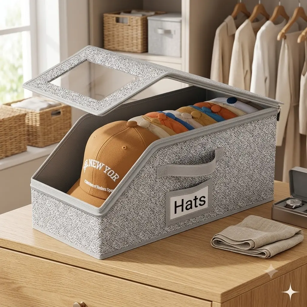 Baseball Cap Storage Box with Clear Window, Foldable Hat Organizer Bin with Zipper, Carry Handle and Label Pocket, Closet Shelf Storage Container for Caps, Snapbacks, Trucker Hats and Beanies