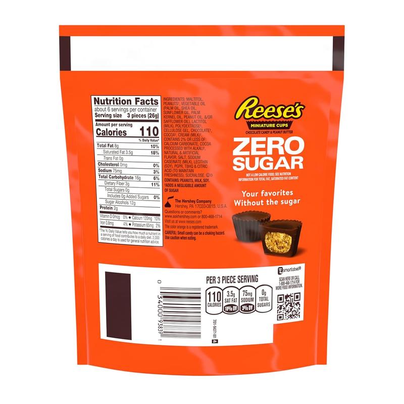 Zero Sugar Miniatures Chocolate Peanut Butter Cups, Candy Bag, 5.1 oz