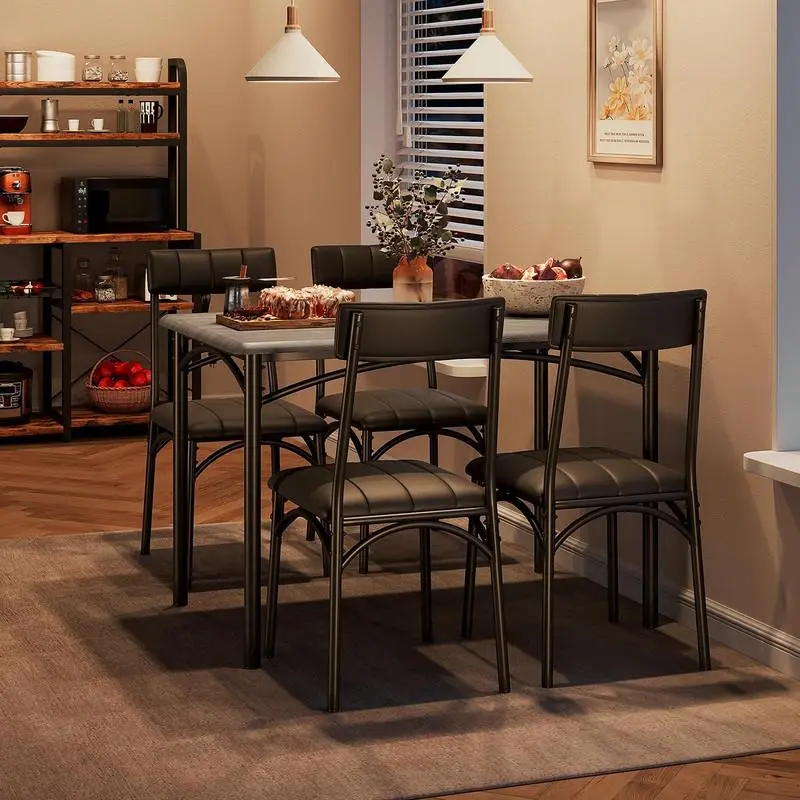 Gaomon 5-Piece Dining Table Set - Rectangular Retro Gray Sturdy Stable Dining Table with 4 Upholstered Chairs, Storage Space-Saving Furniture for Apartment, 150 lbs Capacity Studio Decor, Comfortable Padded Cushions, 4 Chairs
