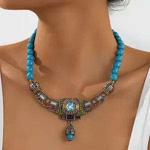 Men's Bohemian Blue Synthetic December Birthstone Necklace - Vintage-Inspired Zinc Alloy Pendant with Accents, Turquoise Beads & Golden-Tone Detailing, All-Season Versatile Jewelry for Daily & Holiday Wear, Everyday Accessory, Intricate Pen