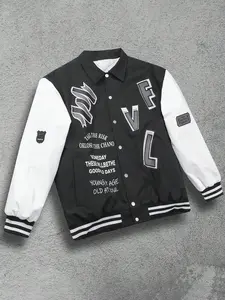 Unisex Letter & Baseball Pattern Button Front Pocket Vintage Varsity Jacket, Letter Collar Jacket, Regular Fit Streetwear Long Sleeve Baseball Collar Coat, Suitable for Daily Wear, Unisex Fall & Winter Apparel, Casual Slim Fit Jacket, Casual Outerwear