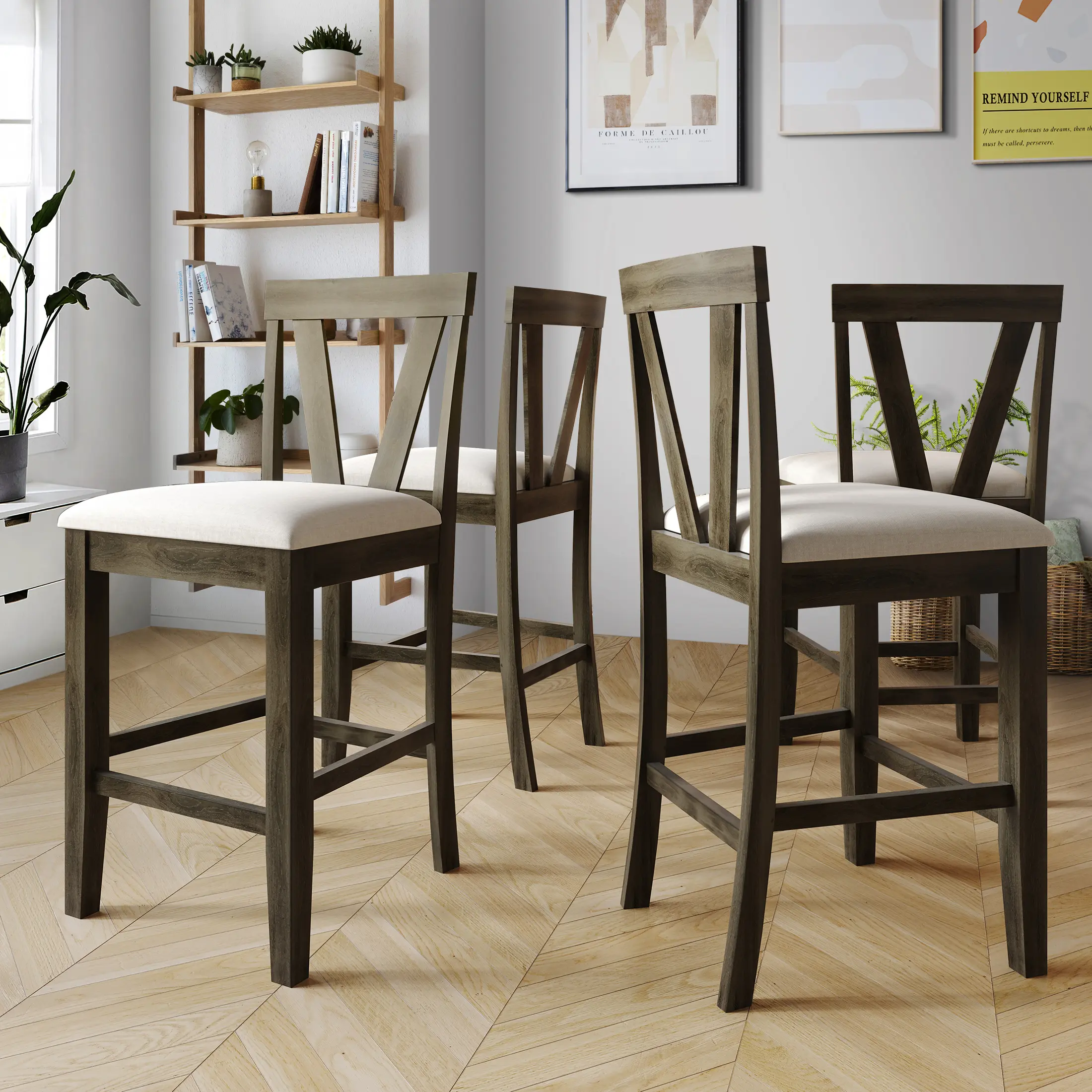 VeloCharm 4-Piece Modern Dining Chair Set - Armless Linen Padded Fixed Back Chairs with Dark Grey Finish, Built-in Footrest, Assembly Required Counter Height Indoor Furniture