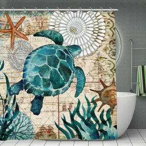 Nautical Green Sea Turtle Beach-Themed Fabric Shower Curtain Set for Bathrooms, Blue Ocean Decor with Grommets and Hooks - 70.8 x 70.8 inches / 180 x 180 cm, Teal