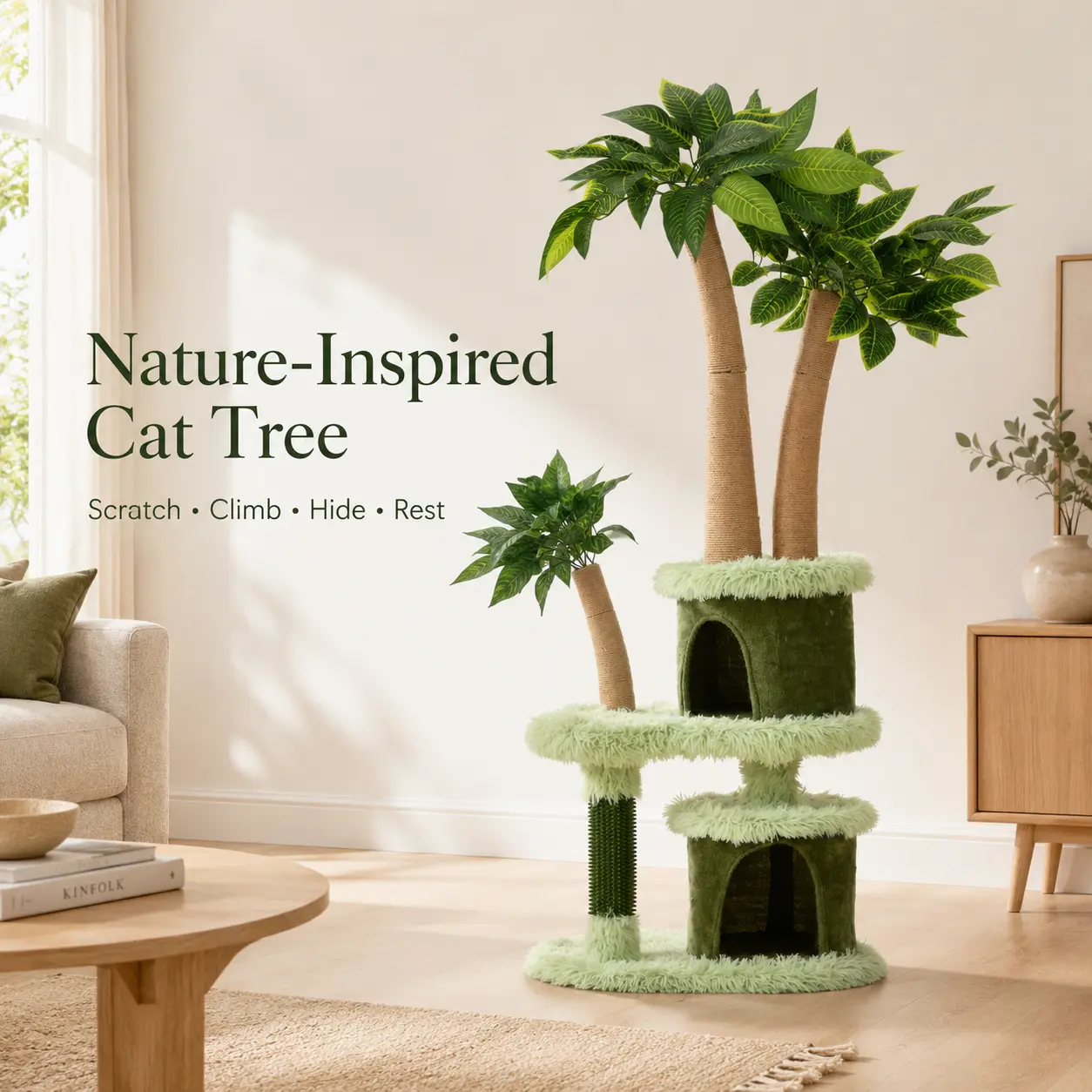 Nature-Inspired Palm Tree Cat Tower for Indoor Cats - Natural Tree Look, Multi-Level Soft Plush Rest Perch, Sisal Scratching Post, Space-Saving Cozy Condo Furniture Toy with Scratch + Decor Function