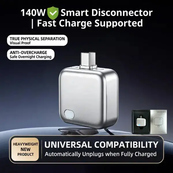 140W Smart Auto Disconnect Charging Adapter Physical Automatic Power Cut Off When Fully Charged, Anti Overcharge Safe Overnight Charger, PD Fast Charge Bypass Mode, Universal Compatibility for Phone Laptop Power Bank & All USB-C Devices