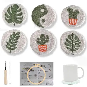 Cactus & Leaf Pattern Punch Needle Embroidery Kit, 1 Set Plant Punch Needle Embroidery Set, DIY Kit for Adults Handmade Holiday Gift, Embroidery Thread