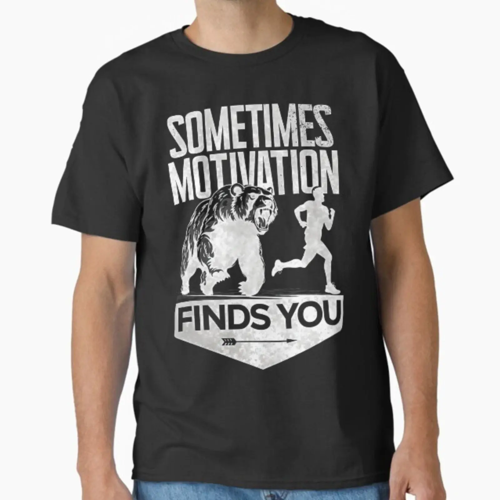 Unisex Black Cotton Round Neck Short-Sleeve Sports T-Shirt - "Sometimes Motivation Finds You" Bear Running Graphic, Distressed Look, Motivational Slogan, Breathable Classic Fit Workout Wear for Athlete Life, Fitness Casual Streetwear Gift