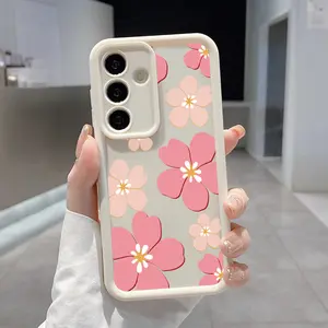 Phone Case Compatible with Galaxy S23 Ultra S24 Plus S25 S22+ Charming Pink Blossoms Pattern Shockproof Silicone TPU Bumper Drop Protection Cover Smartphone Casing