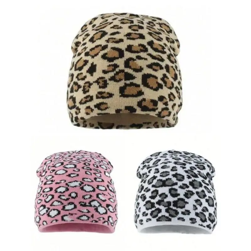 Unisex Boho Leopard Print Acrylic Knit Beanie - Vintage Streetwear Jacquard Cap, Thick Fabric 1 Size Men's Accessories, Animal Print Cheetah Leopard Hats for Fall Winter Casual Everyday Warm Headgear, Assorted Colors, One Size
