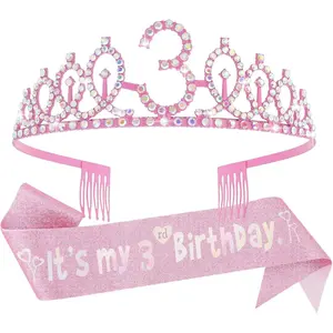 Birthday Decorations for Girls - Crown Tiara Sash Set and Headband Gift