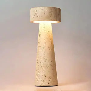 BSOD Travertine Lamp, Stone Table Lamp Japanese Wabi-Sabi LED Natural Mushroom Nightstand Lamp, Sculpture Vintage Yellow Cone Control Tower Desk Light for Bedroom Living Room Office Side