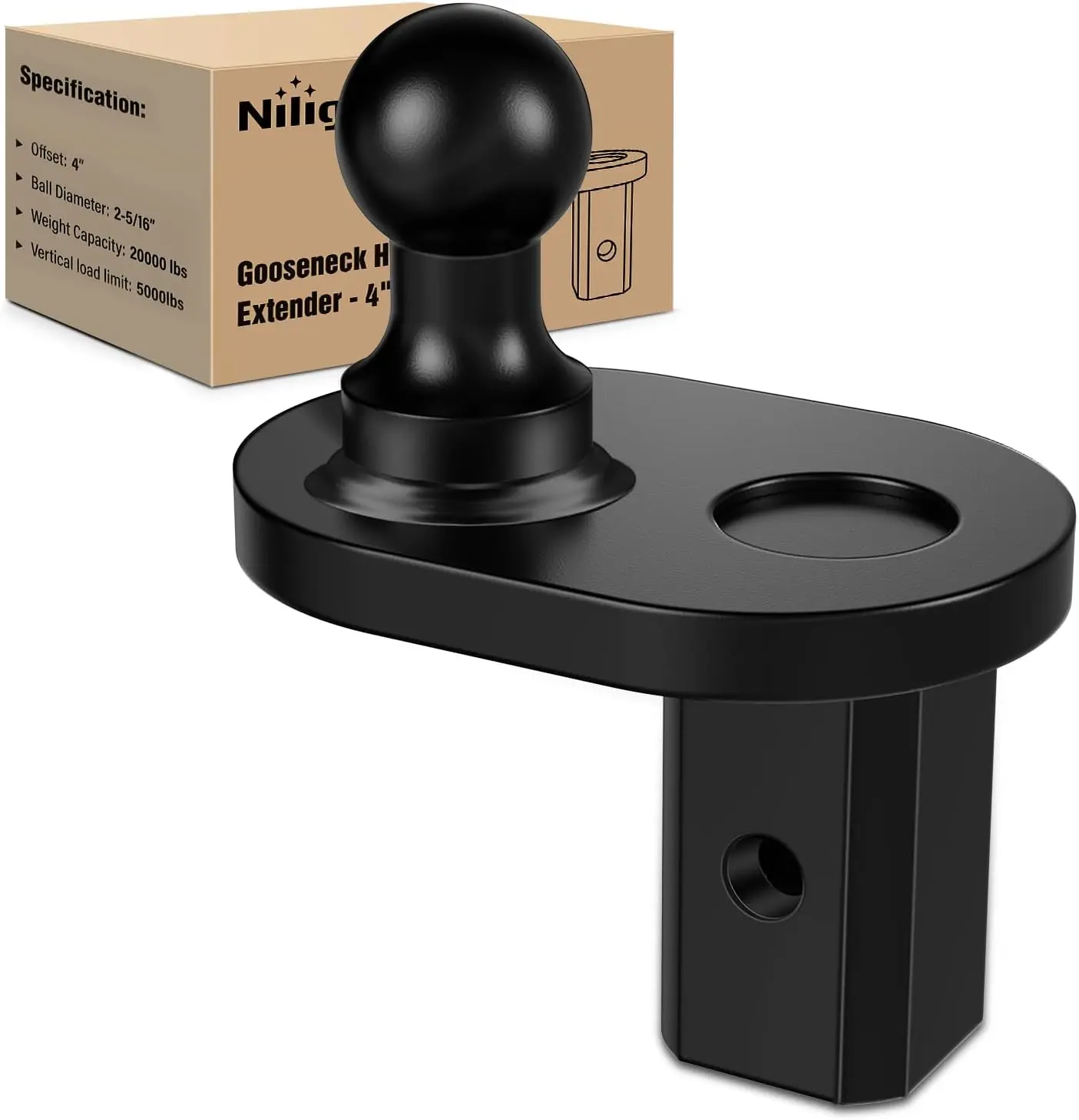 Nilight Gooseneck Ball Extender - 4-in Offset Pivot, 2-5/16-in Standard Universal Fit, 20000 lbs GTW, 5000 lbs VTW, Heavy Duty Painted Alloy Steel, Easy to Install, B&W Hitch Compatible for Turnoverball Trailer Hitches, Supplier