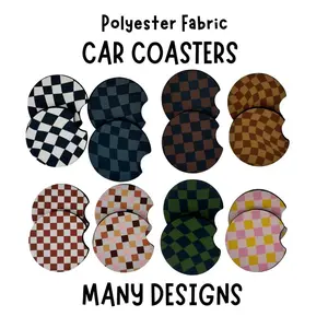 Handmade Car Coasters, 1 Pack (2pc) - 2.75IN x 0.2IN Foam/Polyester Neoprene Sublimation Car Interior Decoration Accessories, Checkered Floral & Themed Designs for Mamas/Teachers, Accessories For Car, Cars Accessories