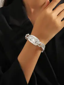 Women's Elegant Rhinestone Decorated Cuban Chain Bracelet, Exquisite Trendy Virgin Mary Design Luxury Bracelet, Fashionable Jewelry for Women & Girls As Gift, High Quality Bracelet