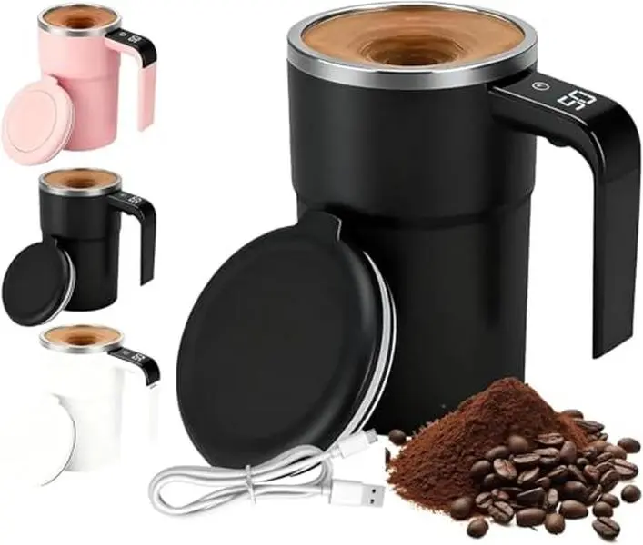 Lyecghe Rechargeable Magnetic Auto-Stirring Stainless Steel Cup - Digital Temp Display, Detachable Washable Parts, Reusable Drink Stirring Cup, USB Charging, for Home Office, Kraft Father's Day Gift