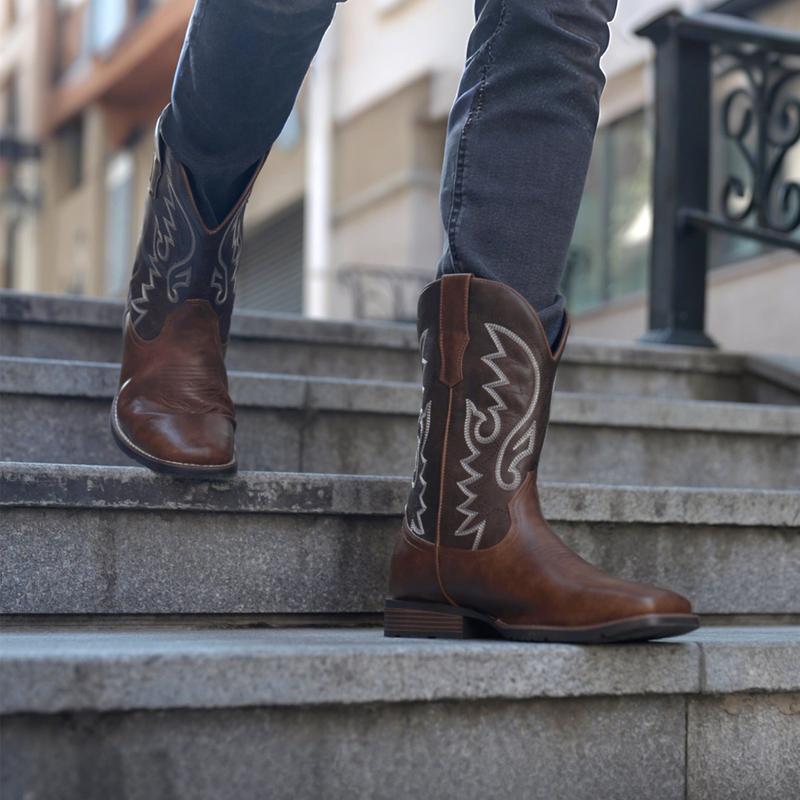 Cowboy Boots For Men with Wide Square Toe Western Retro Boot Durable Classic Fashionable Embroidered Pull On Slip Resistant Boots