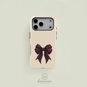 1PC Burgundy Bow Print Phone Case, Rugged Shockproof 2in1 Protective Cover for iPhone 17 16 15 14 13 12 Pro Max， Samsung Galaxy S25 S24 S23 S22 Ultra Series Holiday Gift Chic Fashion Case, Accessories, Phone Accessory
