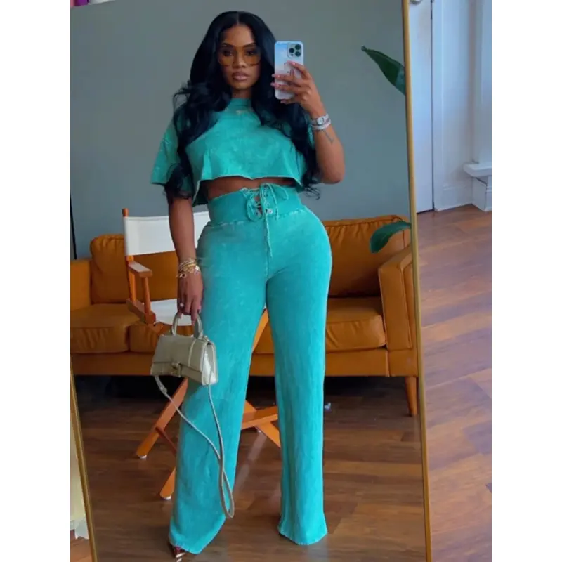 summer autumn clothes 2025 new Women's Set Tie Dye Print O-neck Short  Sleeve Crop Top Pants Suits Street Sweatsuit Two Piece Set Outfit Tracksuit Womenswear Check Light Basic Casual Minimalist Gamis Pink Shortsleeve