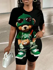 2-Piece Summer Women's Set, Round Neck Bear Print Short Sleeve T-Shirt & Fitted Pants, Casual Above Knee for Outdoor Wear, Womenswear, Clothes