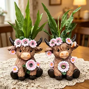 Highland Cow Flower Pot Couple Set Resin Artwork for Home and Garden Decoration Creative Gift whimsical decor swan vase