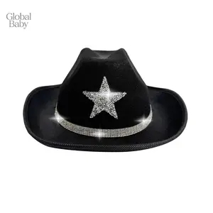 Global Baby Kids Felt Cowgirl Hat Wide Brim Jazz Cap Stylish Sparkly Rhinestone Star Western Hat for Daily Life & Party Western Cowgirl Hats Fashionable Classic Wide Brim Fedora Caps