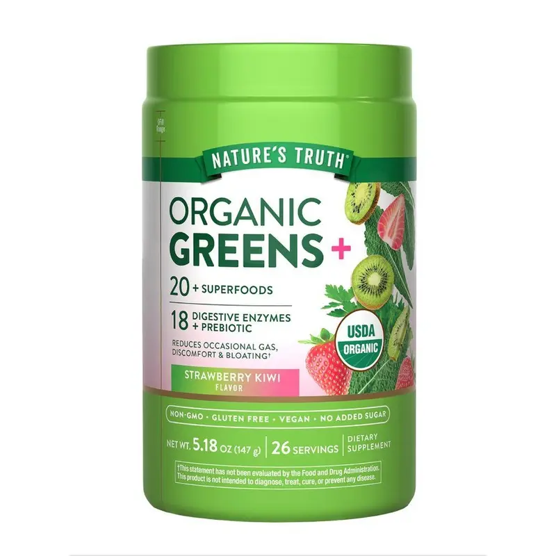 Nature's Truth Organic Greens Powder Digestive Enzymes & Prebiotic Blend - 5.18 Oz - 20 Plus Superfoods - Strawberry Kiwi Flavor - Vegan, Non-GMO & Gluten Free
