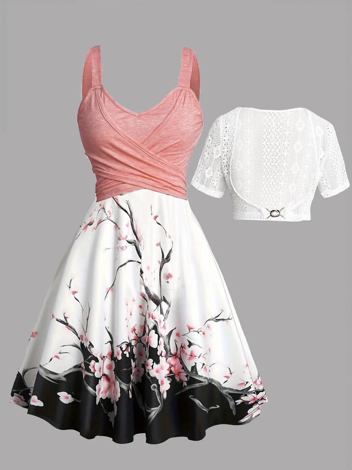 Elegant Feminine Floral Cherry Blossom Print Dress Set with Matching Lace Top, Women's Summer 2-Piece, Vintage Lace Shirt, Beach Dress, Vacation Casual Wear, Bohemian Summer Dress, Boho Dresses